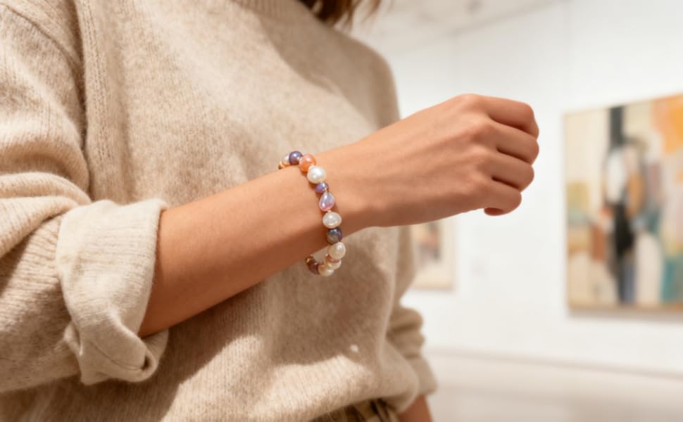 Cultured Baroque Pearl Stretch Bracelet - Multicolor editorial image 2