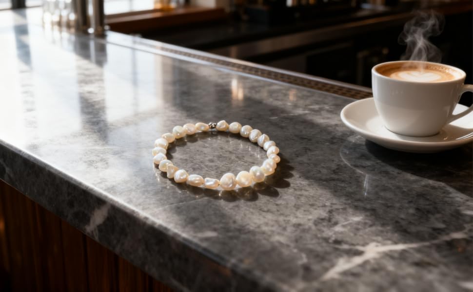 White cultured baroque pearl bracelet in a cafe setting