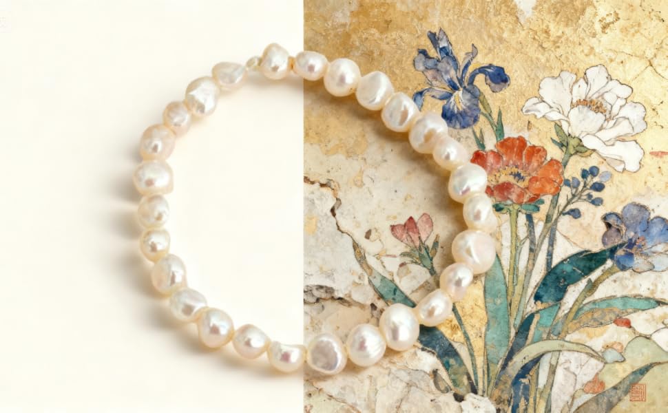 Cultured Baroque Pearl Stretch Bracelet - White editorial image 2