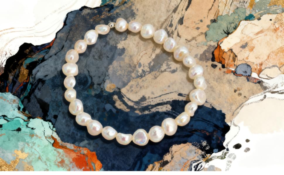 Cultured Baroque Pearl Stretch Bracelet - White editorial image 4