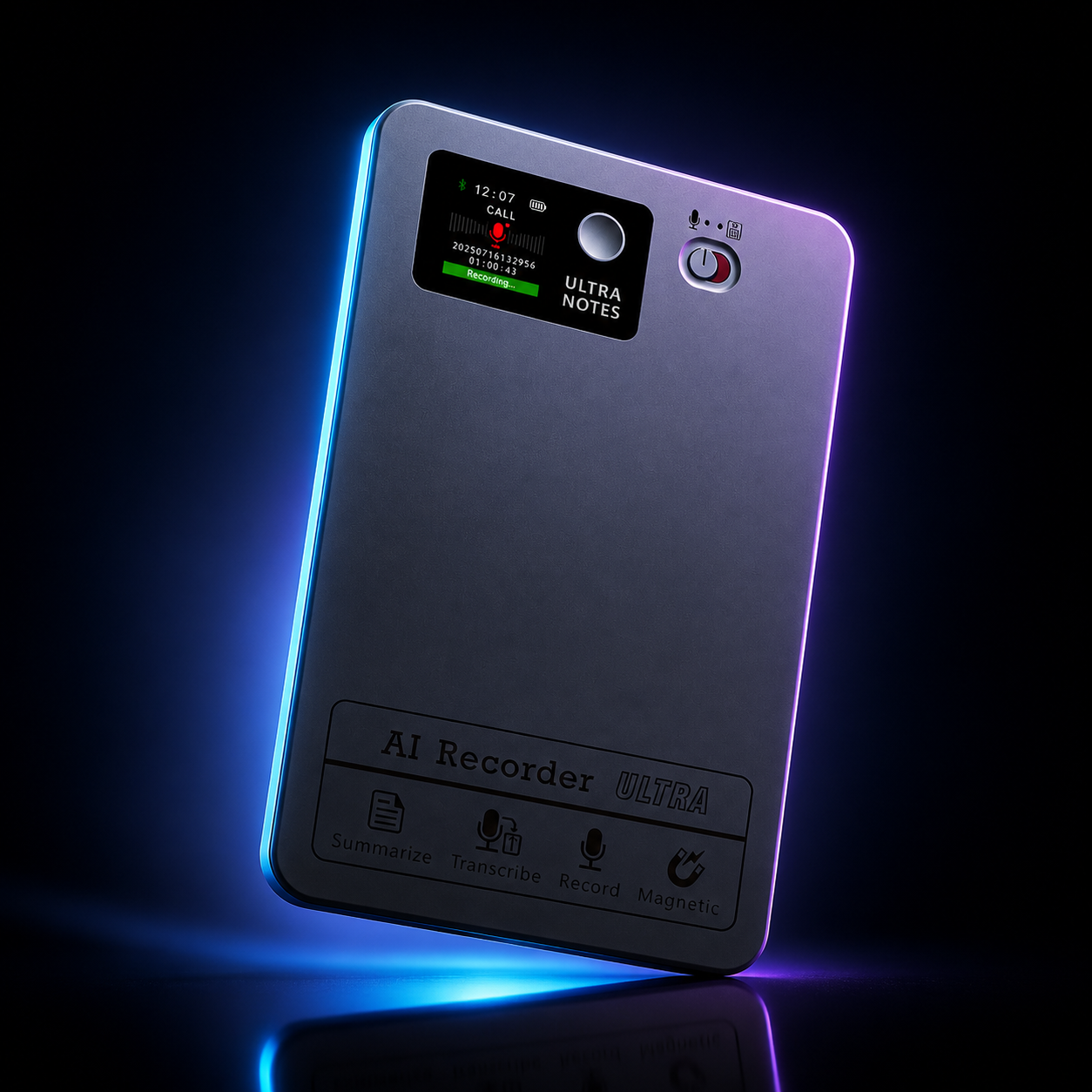 LZXFC Card — real product, magnetic AI voice recorder in premium studio scene