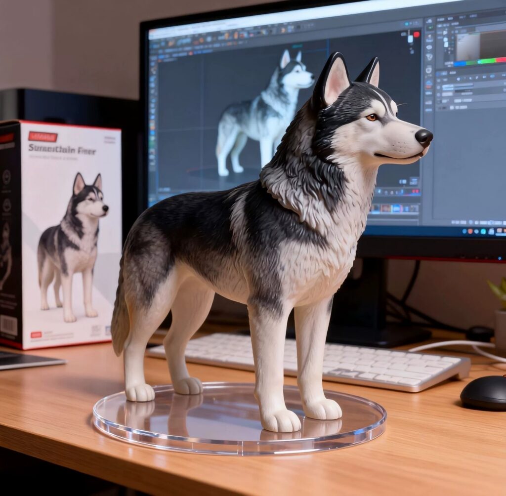 Essential — husky-figuur met de referentie op het scherm