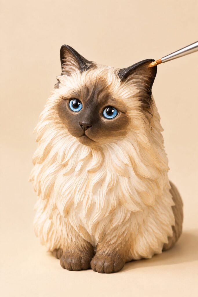 Hand-painting the fur of a finished resin cat figurine