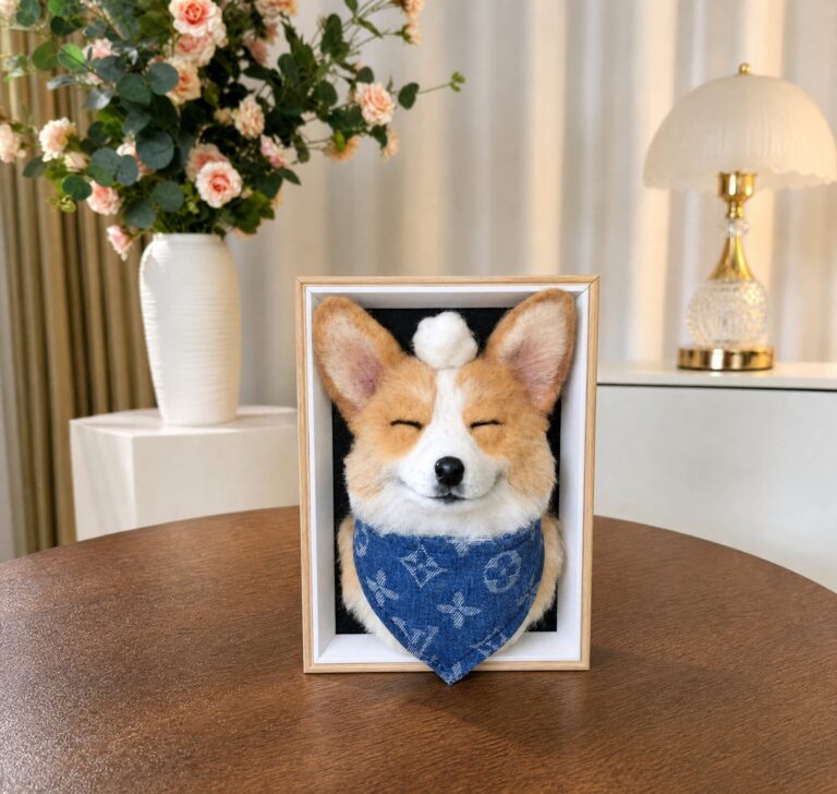 Corgi needle-felted portrait in a light wood frame
