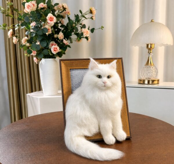 White Persian cat needle-felted portrait in a wood frame White Persian cat needle-felted portrait in a wood frame