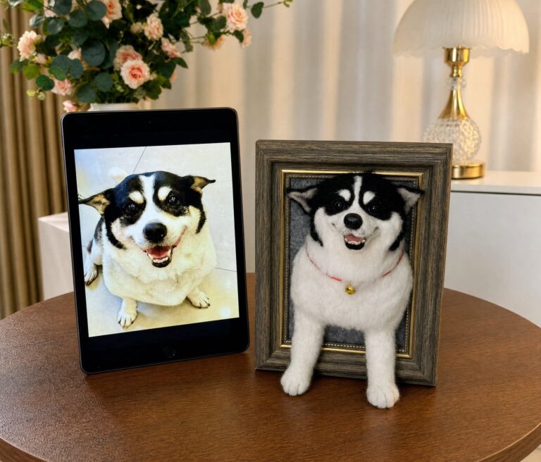 Jack Russell needle-felted portrait beside its reference photograph