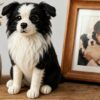Border collie needle-felted full-body sculpture beside its framed portrait Border collie needle-felted full-body sculpture beside its framed portrait
