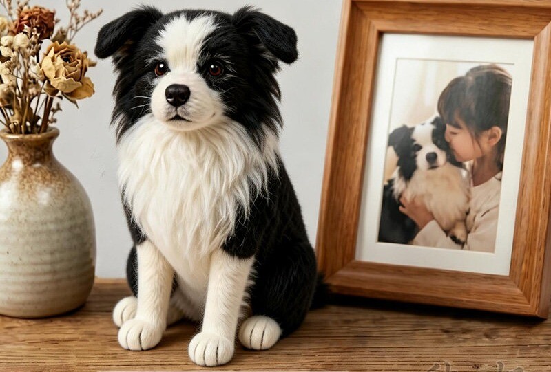 Border collie needle-felted full-body sculpture beside its framed portrait