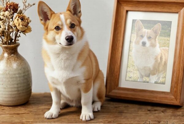 Corgi needle-felted full-body sculpture beside its framed portrait Corgi needle-felted full-body sculpture beside its framed portrait
