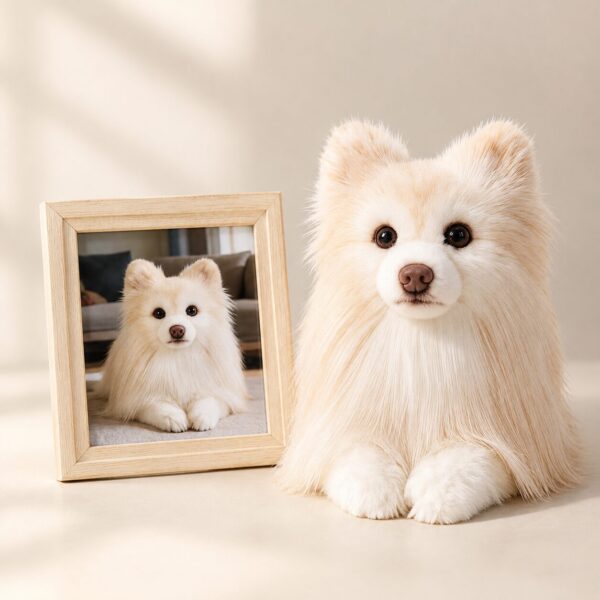 Plush Replica — beside a photograph of the real pet