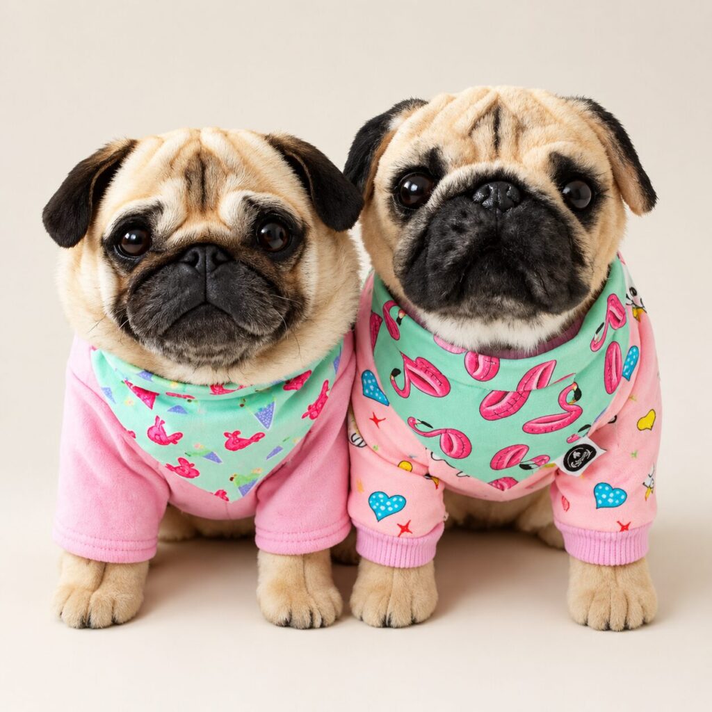 Two hand-made plush replicas of pugs, lying together