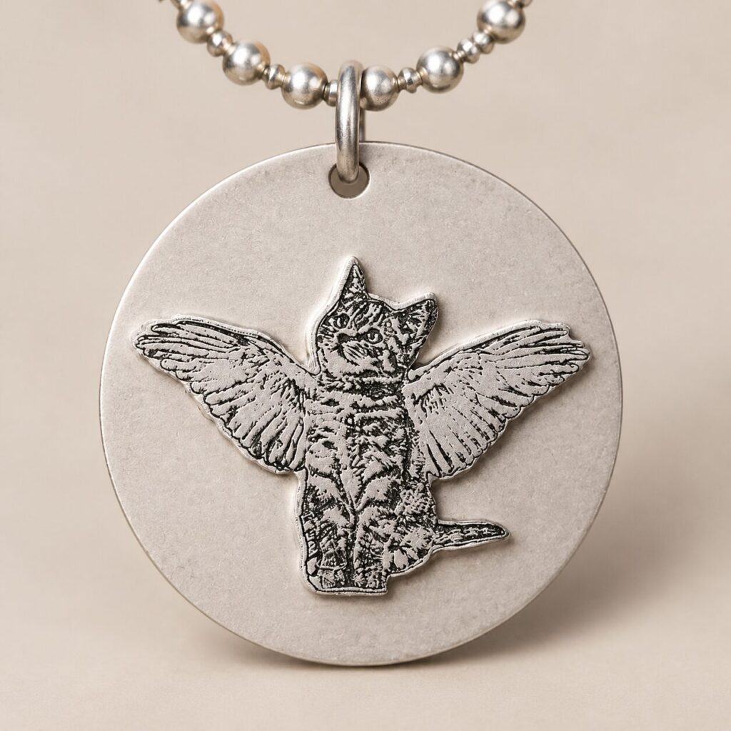 Close on the engraving of a silver pet pendant