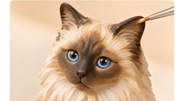Needle-felted Ragdoll cat — close detail of the face and chest