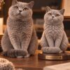 A British Shorthair beside its needle-felted replica on an engraved base
