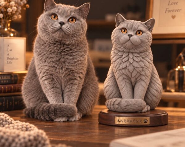 A British Shorthair beside its needle-felted replica on an engraved base