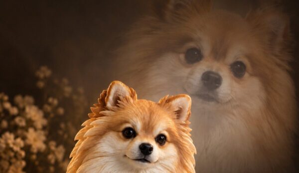 A needle-felted Pomeranian portrait with the original photograph behind it