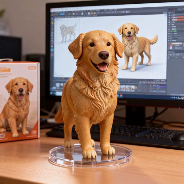 3D printed golden retriever figurine on its acrylic base 3D printed golden retriever figurine on its acrylic base