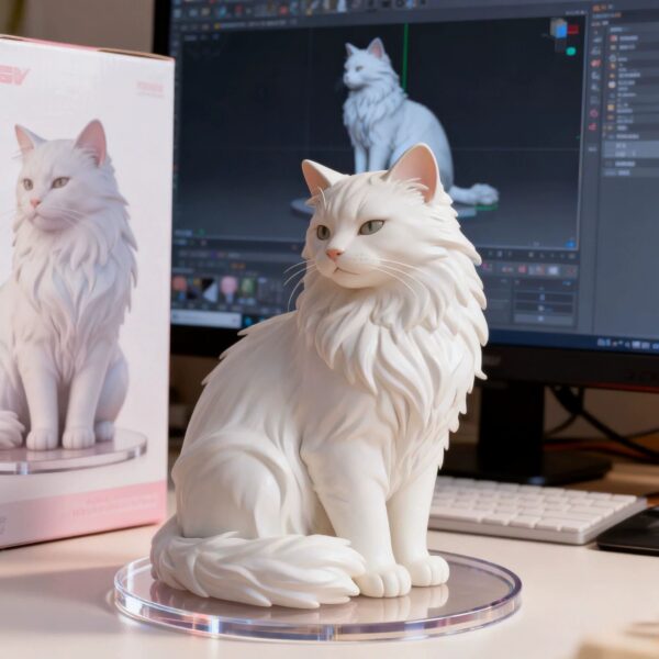 3D printed white Persian cat figurine on its acrylic base 3D printed white Persian cat figurine on its acrylic base