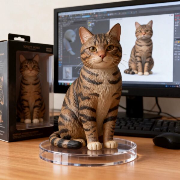 3D printed tabby cat figurine on its acrylic base 3D printed tabby cat figurine on its acrylic base