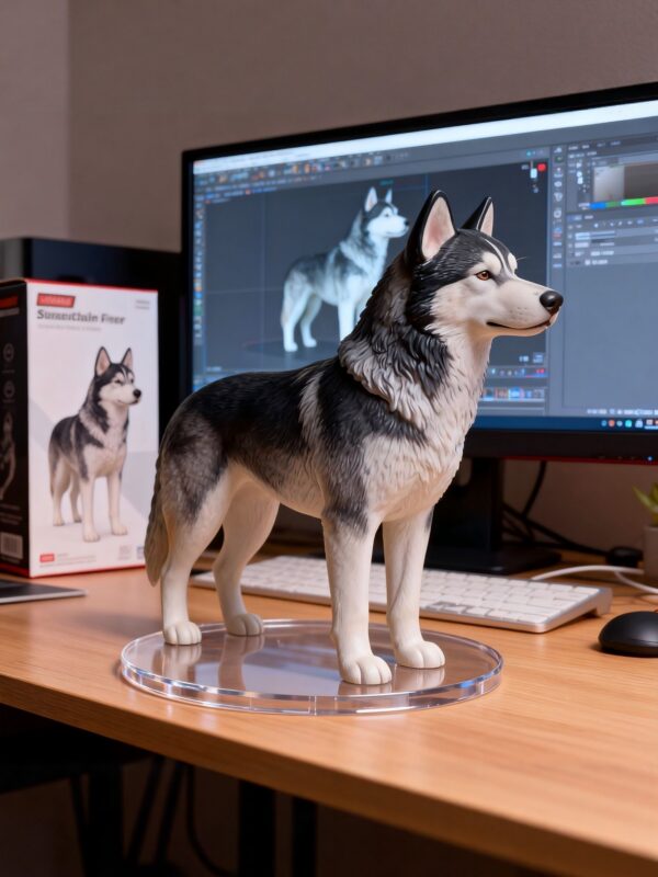 3D printed husky figurine on a desk, in profile 3D printed husky figurine on a desk, in profile