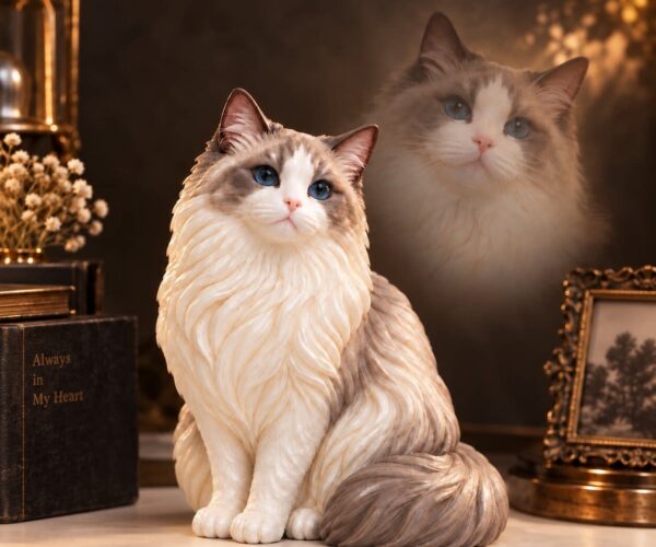 Hand-finished resin Ragdoll cat figurine with the original photograph behind it Hand-finished resin Ragdoll cat figurine with the original photograph behind it
